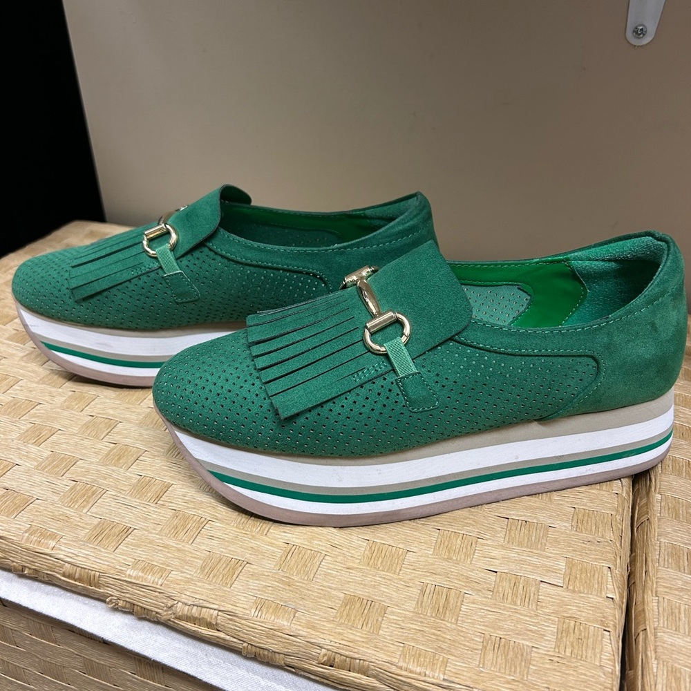 Crown & Ivy Green Loafers with Gold Accent